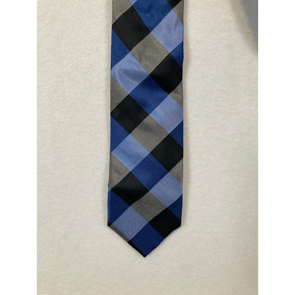 Haggar Silk Necktie Mens OS Blue Grey Black Buffalo Check Plaid Geometric‎ Tie